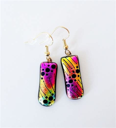 Dichroic Glass Pink And Yellow With Black Pattern Earrings Wire