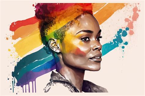 Premium Photo Abstract Watercolor Portrait Of Joyful African Lesbian With Rainbow Flag