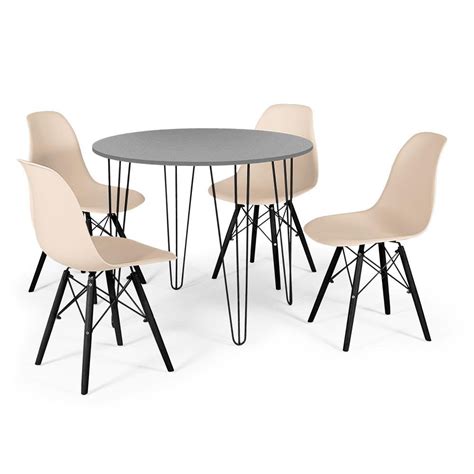 Conjunto Mesa De Jantar Redonda Hairpin Cm Volpi Cadeiras Eames Eiffel Base Preta Nude