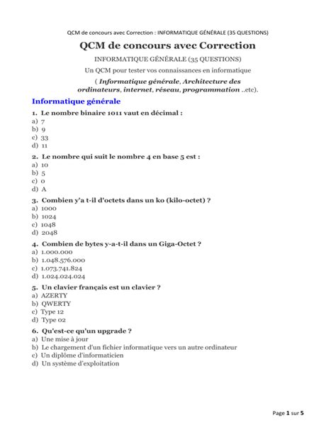 Qcm De Concours Avec Correction Informat