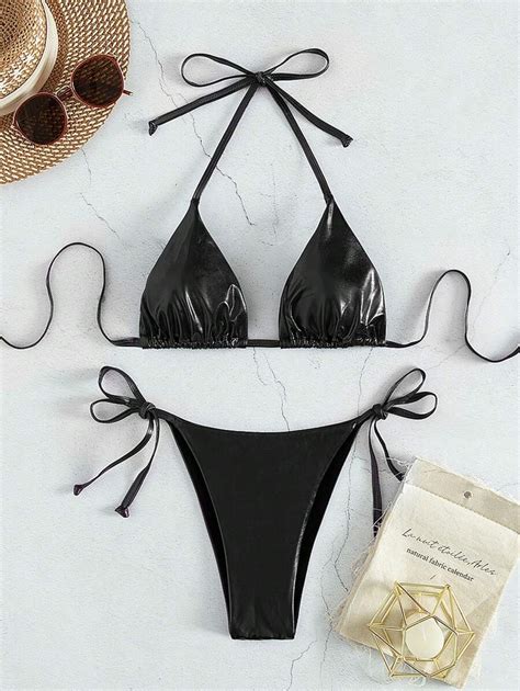 Shein Summer Beach Pu Halter Triangle Tie Side Bikini Set Bikini Set For Women Shein Usa