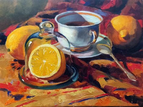 Still Life Original Oil Painting On Canvas Tea Cup And Lemons Painting