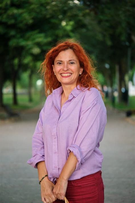 Outdoor Portrait Of Smiling Mature Redhead Woman Stock Image Image Of Person Female
