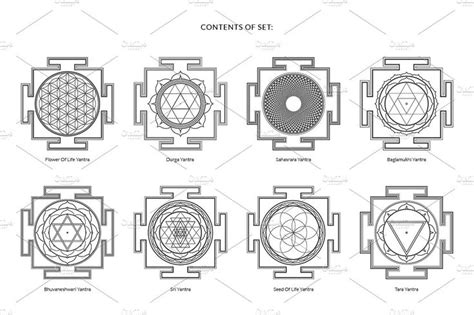 Hinduism Yantras Vector Set Sacred Geometric Symbols Monochrome