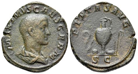 Maximus (Caesar, 235/6-238). Æ Sestertius Rome, 236-238. R/ Emblems of ...