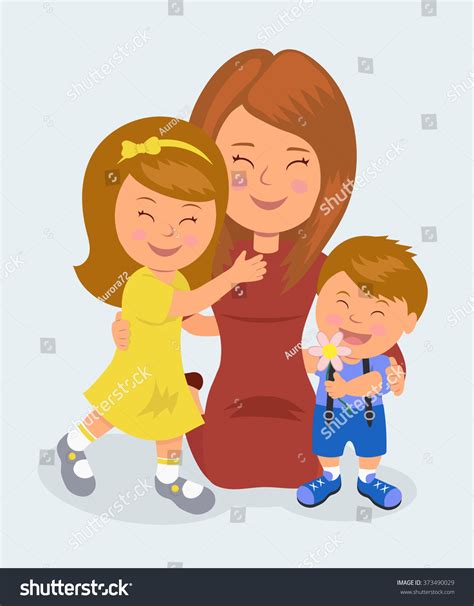 Mother Kneeling Hugging Her Daughter Son Stock Vector Royalty Free 373490029 Shutterstock