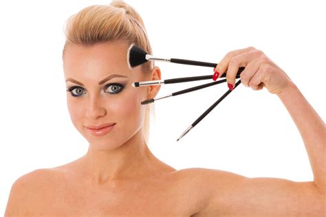 K K Cosmetics White Background Blonde Girl Makeup Face Paintbrush HD Wallpaper Rare