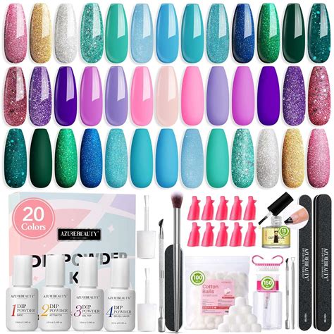 Amazon AZUREBEAUTY 29 Pcs Dip Powder Nail Kit Starter 20 Colors Glitter Nude Green Mermaid