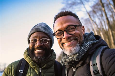 Premium Photo Active Middle Aged Interracial Gay Couple Hiking Outdoors Generative Ai