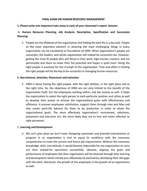 Human Resource Management Final Exam Sample Questions Answer Key 2