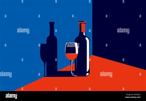 Vector Illustration Of A Bottle Of Wine And A Glass With Red Wine Next