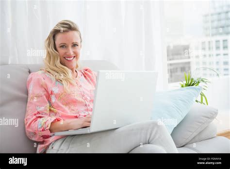 Beautiful Blonde Woman Using Laptop Stock Photo Alamy