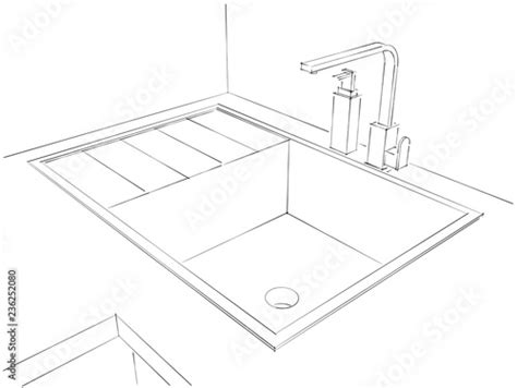 Kitchen sink, tap and liquid soap bottle. Sketch drawing. - Buy this ...