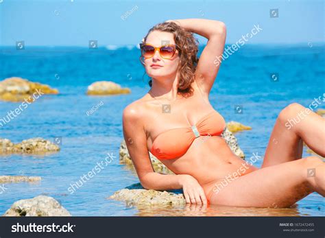Beautiful Brunette Black Bikini Posing Against Stock Photo Shutterstock