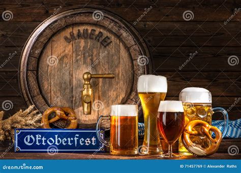 Oktoberfest Beer Barrel With Beer Mugs Stock Image Image Of