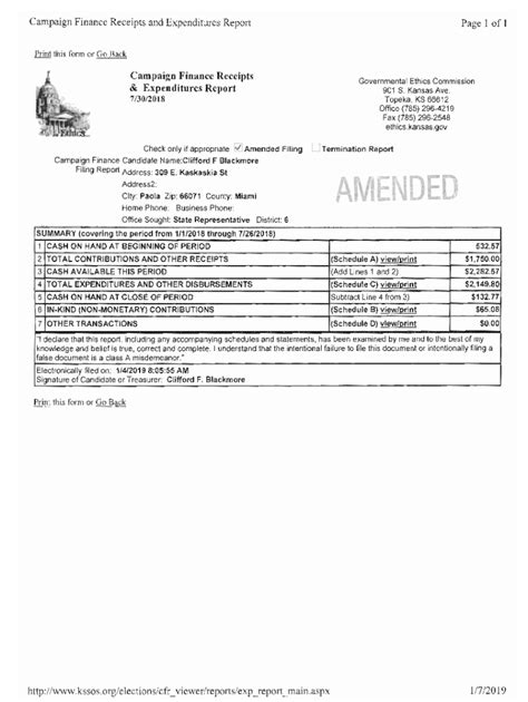 Fillable Online Ethics Ks Campaign Finance Receipts Expenditures Report