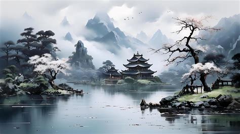 chinese painting   village  stream   style  realistic
