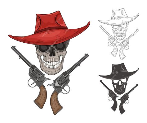 Premium Vector Hand Drawing Of A Skull With A Hat And Two Pistols