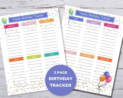 Yearly Birthday Calendar Printable Birthday Tracker Birthday List