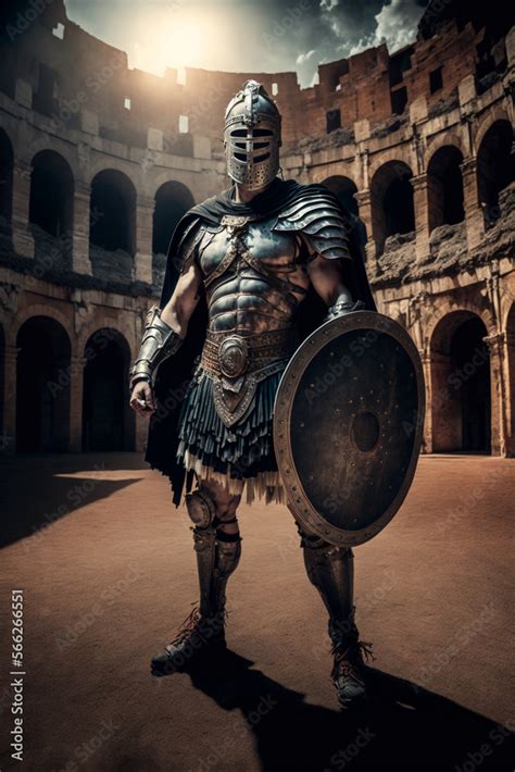 Portrait Of An Ancient Roman Gladiator In Armor And A Closed Helmet In