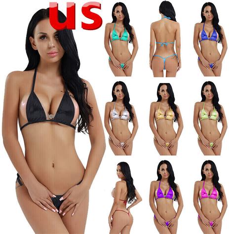 US Women S Shiny Metallic Bikini Set Micro Mini Bra India Ubuy
