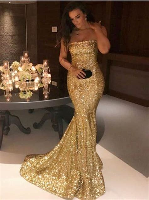 Sexy Strapless Long Glitter Sequins Prom Dress Mermaid Evening Gowns Slayingdress