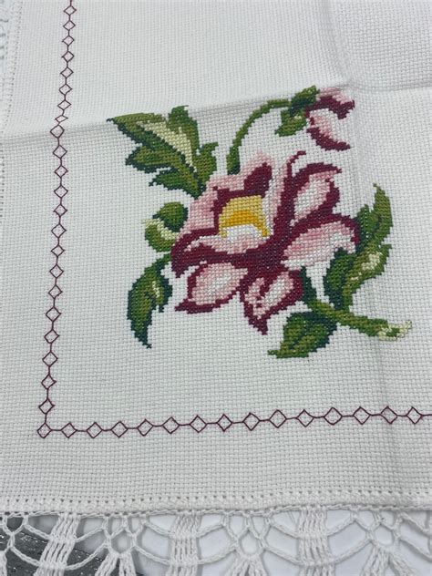 Cross Stitch Flower Napkin With Crocheted Edges X Etsy