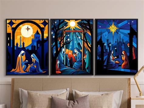 Stained Glass Nativity Scene Wall Art Set Jesus Print Christmas