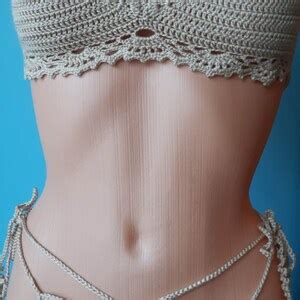 Beige Handmade Crochet Bikini Set Sexy Knitted Swimsuit With Brazilian Bottom Halter Neck