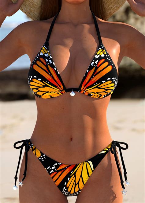 Butterfly Print Tie Orange Bikini Set Rosewe USD 28 98