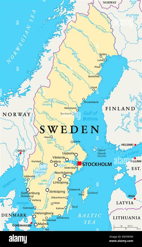 Sweden Political Map With Capital Stockholm National Borders