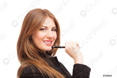 Smiling Woman Holding A Pen Stock Photo 743602 Crushpixel