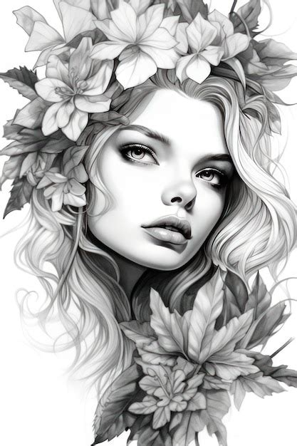 Premium Ai Image A Black And White Drawing Of A Woman With Flowers On