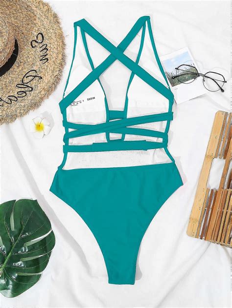 Sexy One Piece Thong Swimsuit V Neck Bandage Tie One Piece Open Back Sexy Bikini Greensize M