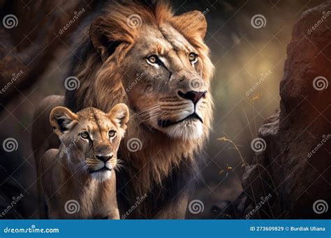 Lion with Cub in Natural Habitat. Generative AI Stock Illustration ...