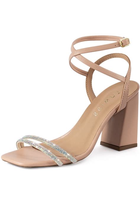 Sandália Feminina Salto Bloco Alto Grosso Lumiss Tiras Strass Brilho Confortável Nude Compre