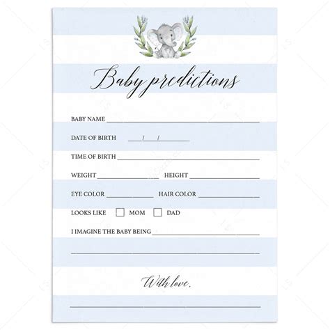 Printable baby predictions card for an elephant themed boy baby shower – LittleSizzle