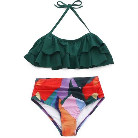 Mo Finance Xunyu Girls Swimsuit Falbala High Waisted Bathing Suit Halter Neck Bikini