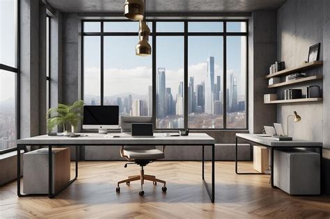 Premium Photo Luxury Concrete Office Interior With Wooden Flooring