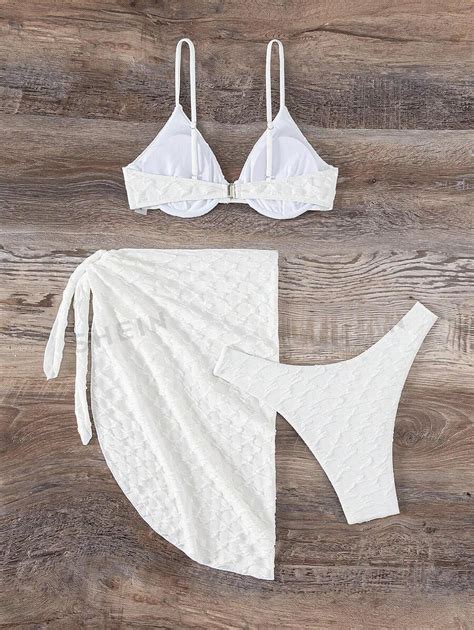 SHEIN Swim Basics Solid Color Textured Bikini Set And Swim Skirt With Built In Briefs SHEIN