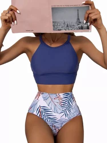 Dama Trajes De Baño Solid Floral Talle Alto Mujer Bikini MercadoLibre