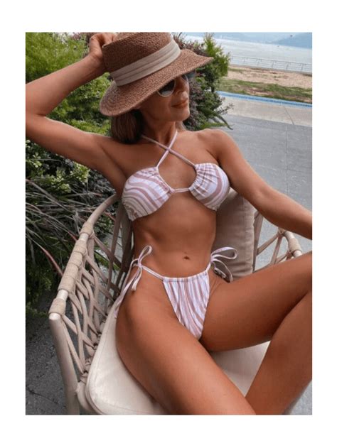 Ba Ador Bikini Tanga Con Estampado De Onda Halter Cruzado