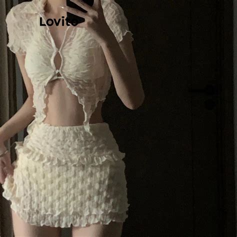 Lovito Women Sexy Bikini Sets Plain Lettuce Trim Asymmetrical Bikini Sets Lna Shopee