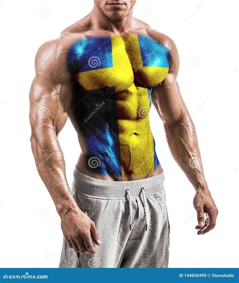 Shirtless Muscular Man With Sweden Flag Painted On Naked Chest Stock Photo Image Of Nation