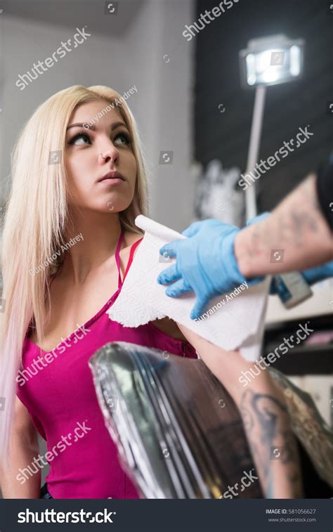 Sexy Blonde Pink Top Tatto Studio Stock Photo Edit Now 581056627
