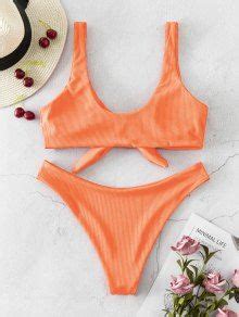 Zaful Knotted Ribbed High Cut Bikini Swimsuit In Orange Zaful