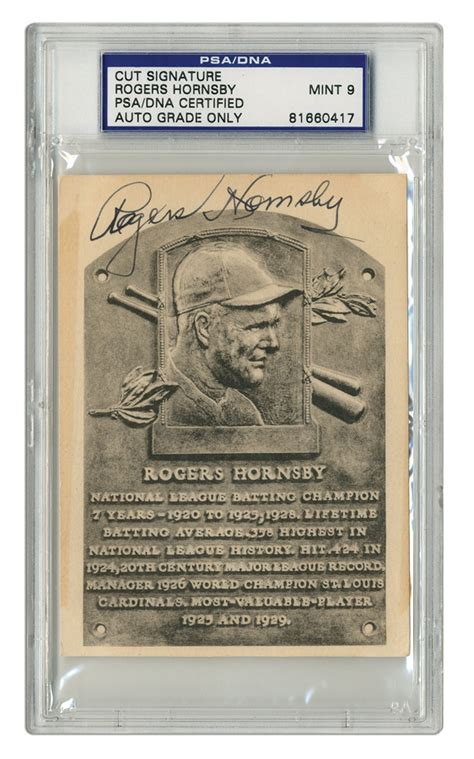 Rogers Hornsby Signed Hall Of Fame Plaque Postcard Psa Mt 9