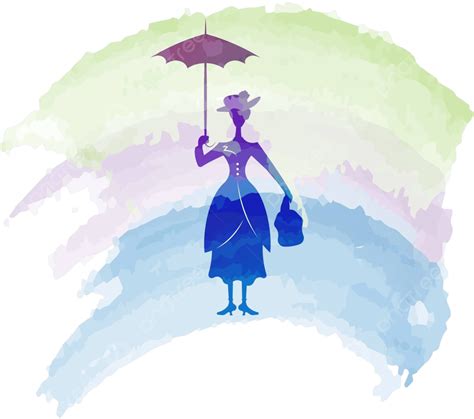 Vector Silhouette Girl With Mary Poppins Umbrella In Watercolor Vector