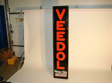 1930s Wood Framed Veedol Motor Oils Vertical Tin Garage Sign