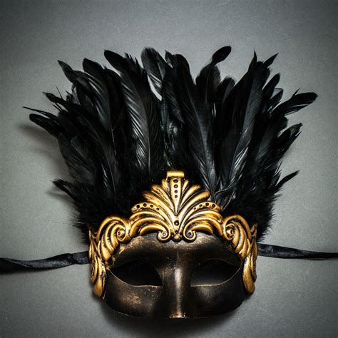 Ancient Venetian Party Masquerade Feather Mask Black Gold